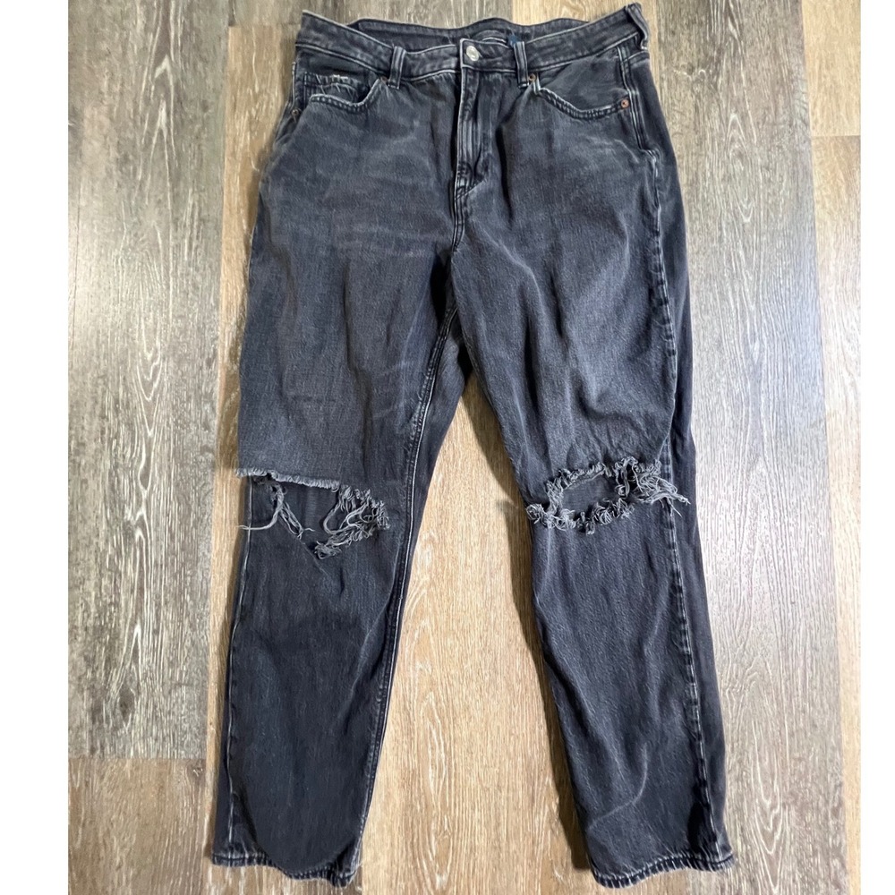 American Eagle Mom Jeans Womens 14 Black Strigid Distressed High Rise Tapered